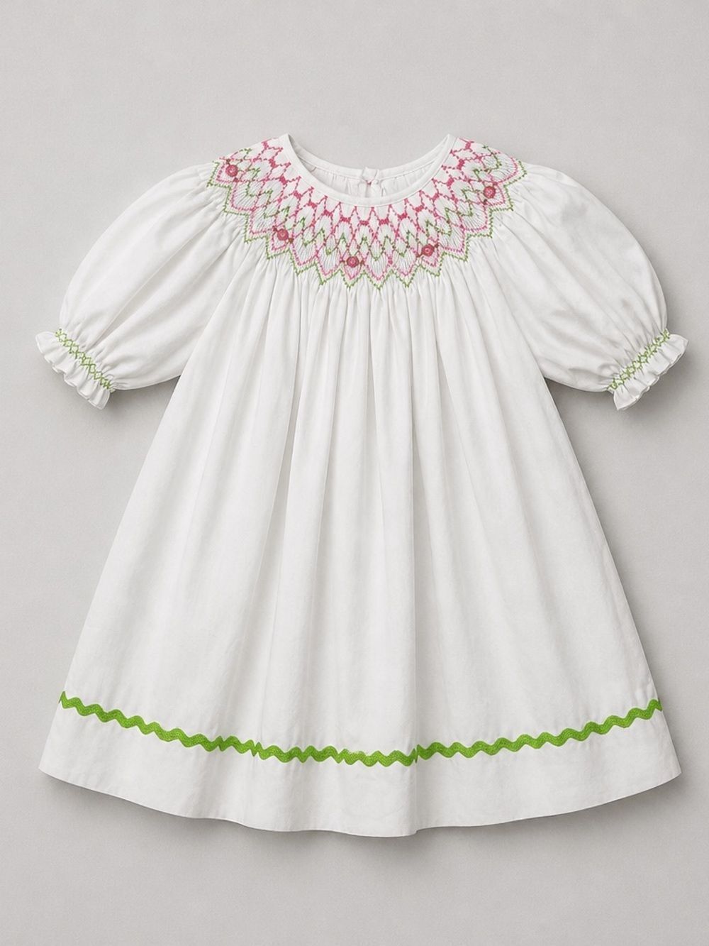 Remember Nguyen white hand smocked bishop hand embroidered puff sleeve dress
